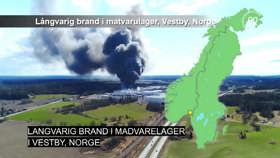 Langvarig brand i madvarelager i Vestby, Norge.