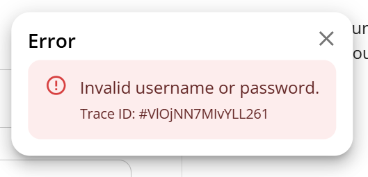 Error message invalid usernamne