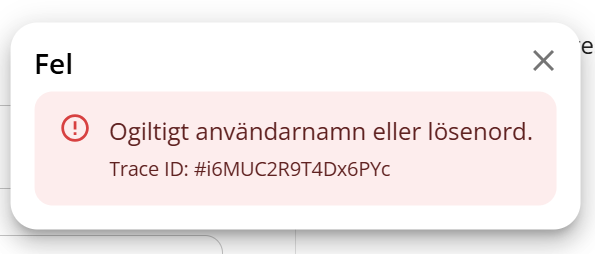 Felmeddelande ogiltigt anv&auml;ndarnamn